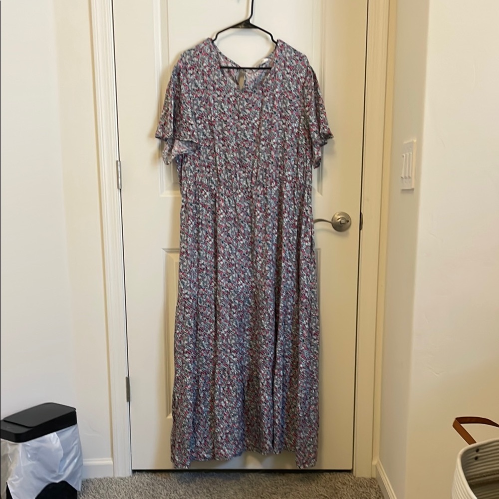 Blue and White Flutter Sleeve V-Neck Maxi Dress
